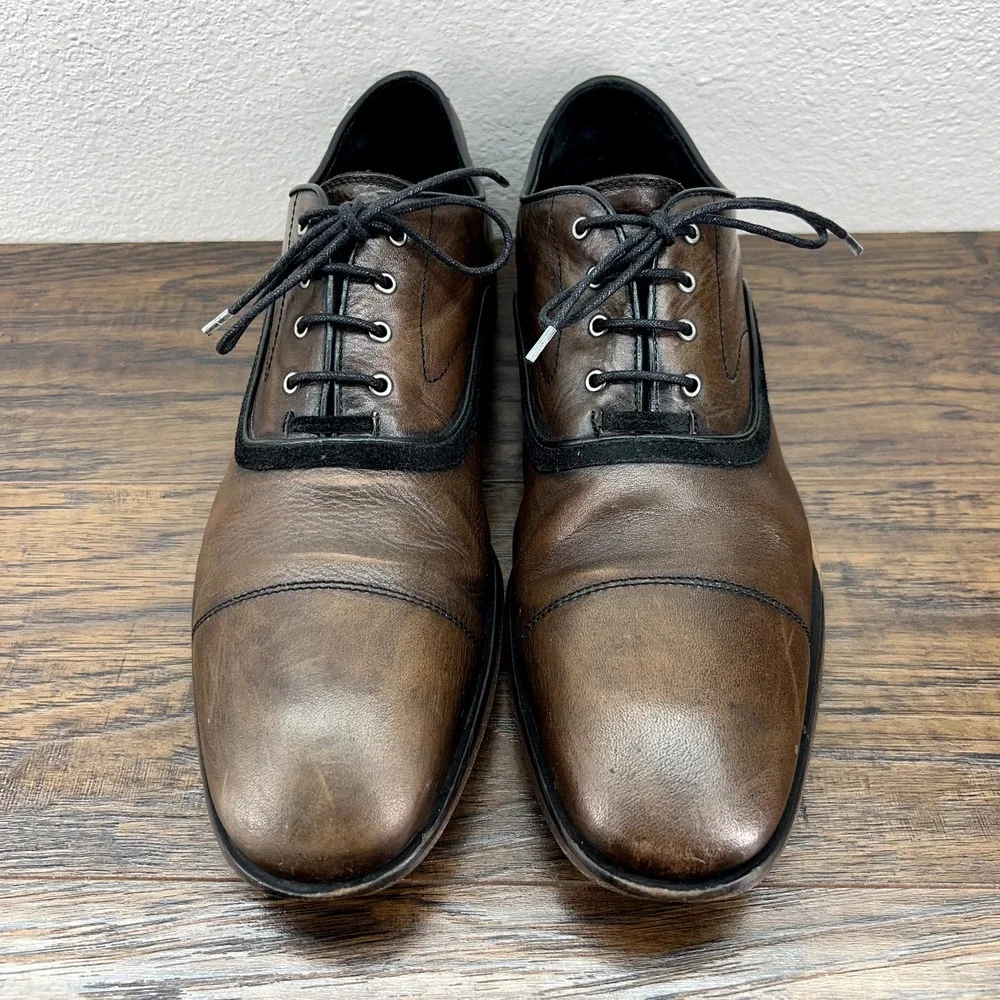 John Varvatos Size 11.5D‎ Oxfords Dress Shoes Brown Leather Cap Toe Suede Trim